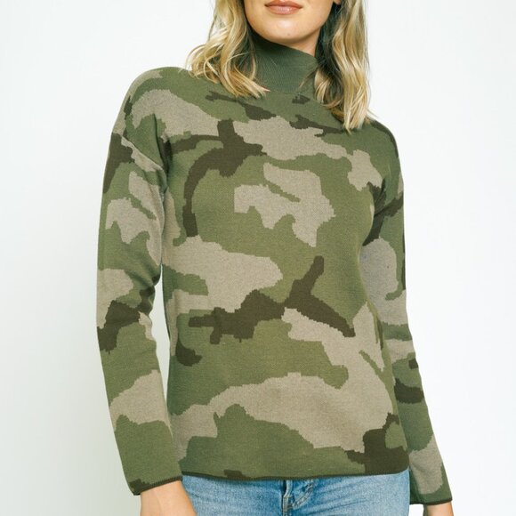 MYSTREE Camo Print Cut-Out Mock Neck Sweater, Green Long Sleeve Knit - Picture 8 of 9